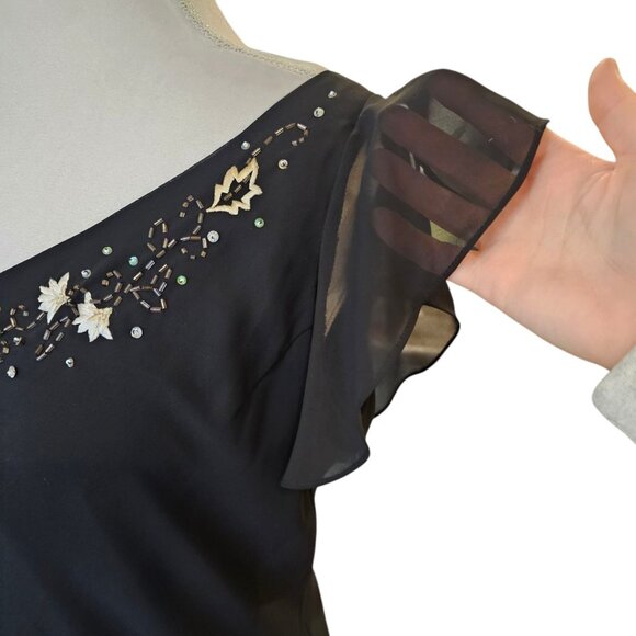 Y2K Black Midi Dress Cocktail Size 14 Assymetrical Whimsigoth Embroidered Beaded - Picture 4 of 13